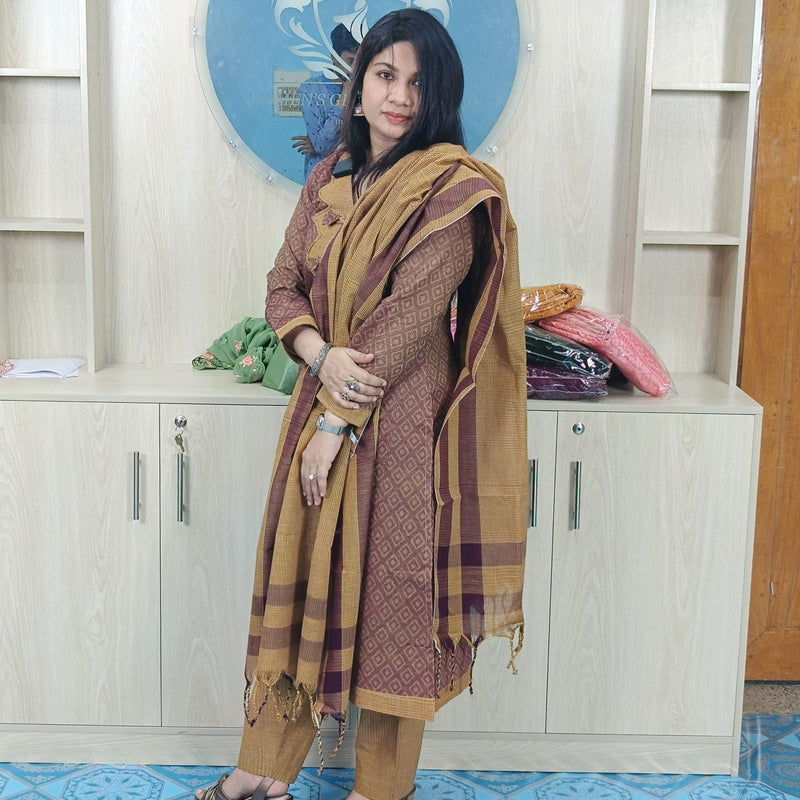 100% Cotton Jamdani Handloom Shalwar Kameez-Coffee Color - China To BD Web