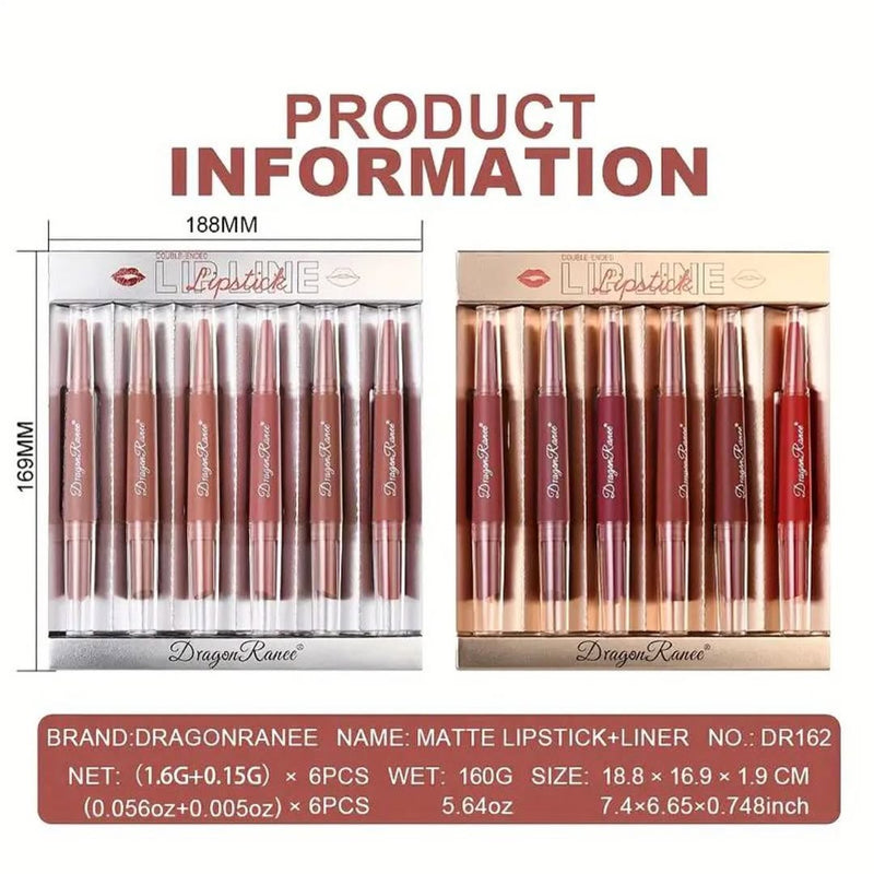 Dragon Ranee 6Pcs Nude Matte Velvet Lipstick + Lip Liner and Lipstick-6 Pcs Nude Shade