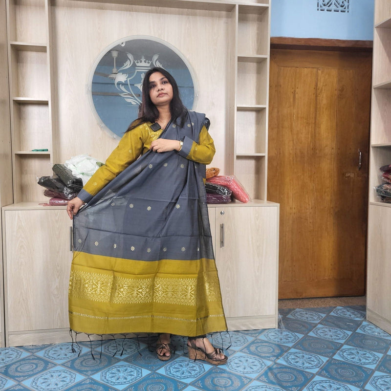 হাফ সিল্ক জামদানি তাঁত কাজের সালোয়ার কামিজ-বাসন্তী+অ্যাশ মিক্স কালার - China To BD Web