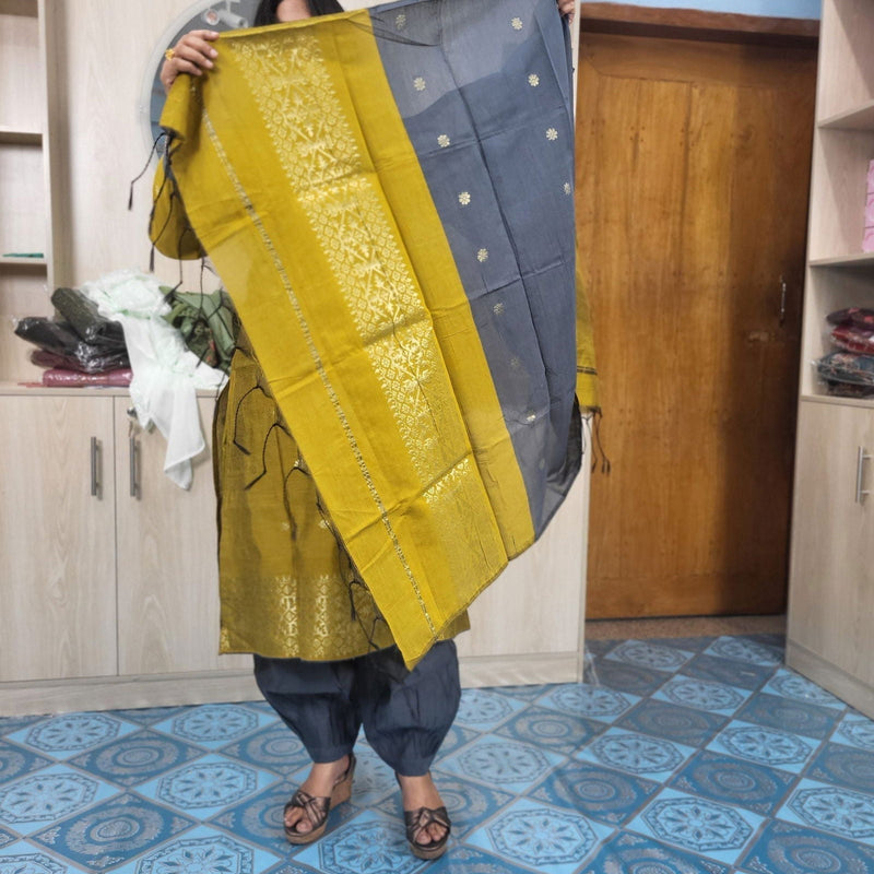হাফ সিল্ক জামদানি তাঁত কাজের সালোয়ার কামিজ-বাসন্তী+অ্যাশ মিক্স কালার - China To BD Web