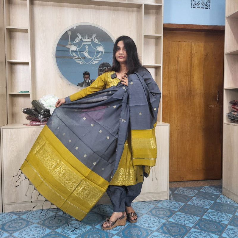 হাফ সিল্ক জামদানি তাঁত কাজের সালোয়ার কামিজ-বাসন্তী+অ্যাশ মিক্স কালার - China To BD Web