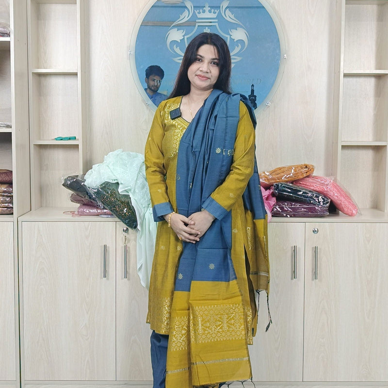 হাফ সিল্ক জামদানি তাঁত কাজের সালোয়ার কামিজ-বাসন্তী+অ্যাশ মিক্স কালার - China To BD Web