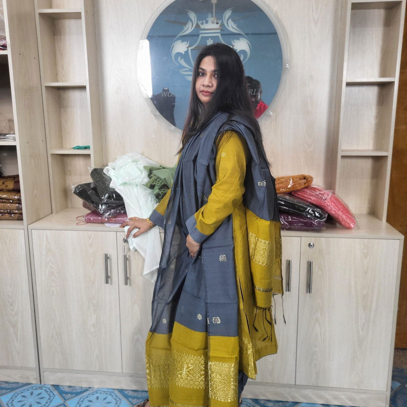 হাফ সিল্ক জামদানি তাঁত কাজের সালোয়ার কামিজ-বাসন্তী+অ্যাশ মিক্স কালার - China To BD Web
