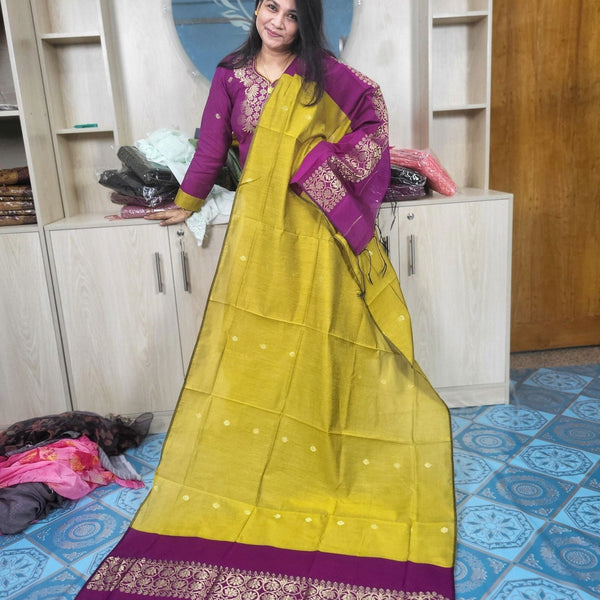 হাফ সিল্ক জামদানি তাঁত কাজের সালোয়ার কামিজ-ম্যাজেন্টা+বাসন্তী মিক্স কালার - China To BD Web