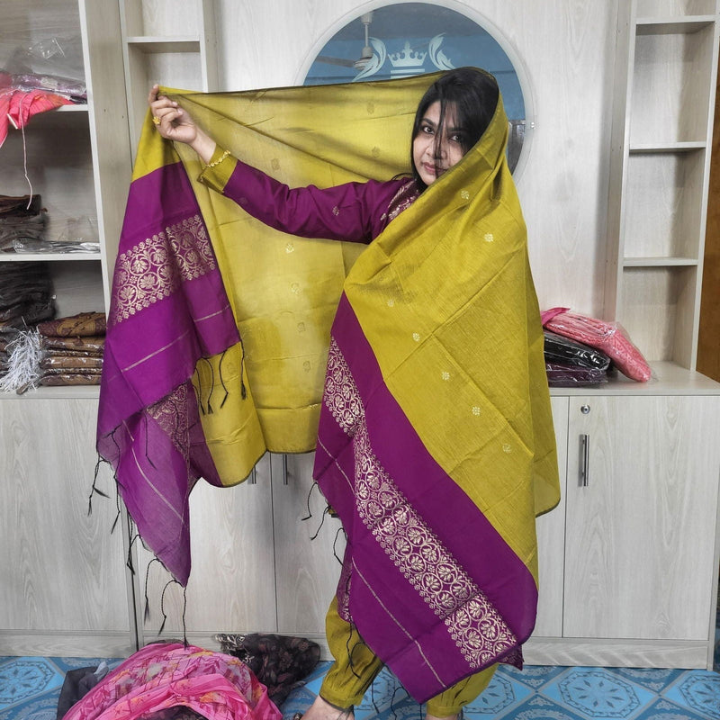 হাফ সিল্ক জামদানি তাঁত কাজের সালোয়ার কামিজ-ম্যাজেন্টা+বাসন্তী মিক্স কালার - China To BD Web