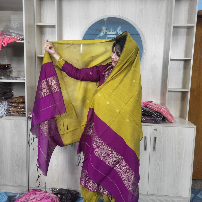 হাফ সিল্ক জামদানি তাঁত কাজের সালোয়ার কামিজ-ম্যাজেন্টা+বাসন্তী মিক্স কালার - China To BD Web