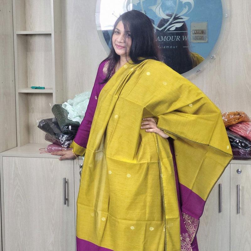 হাফ সিল্ক জামদানি তাঁত কাজের সালোয়ার কামিজ-ম্যাজেন্টা+বাসন্তী মিক্স কালার - China To BD Web