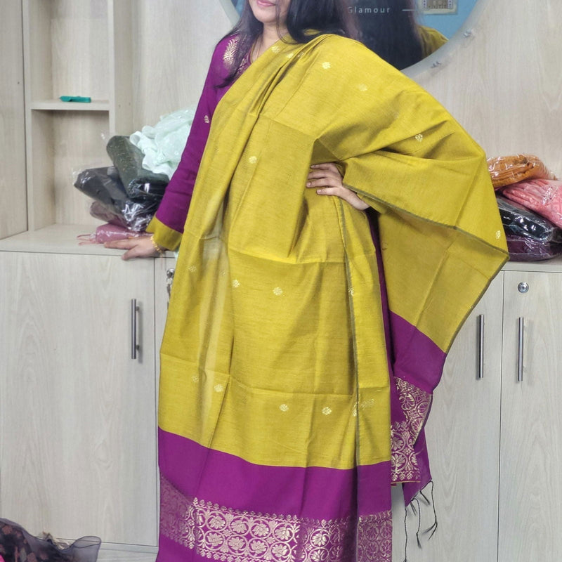 হাফ সিল্ক জামদানি তাঁত কাজের সালোয়ার কামিজ-ম্যাজেন্টা+বাসন্তী মিক্স কালার - China To BD Web