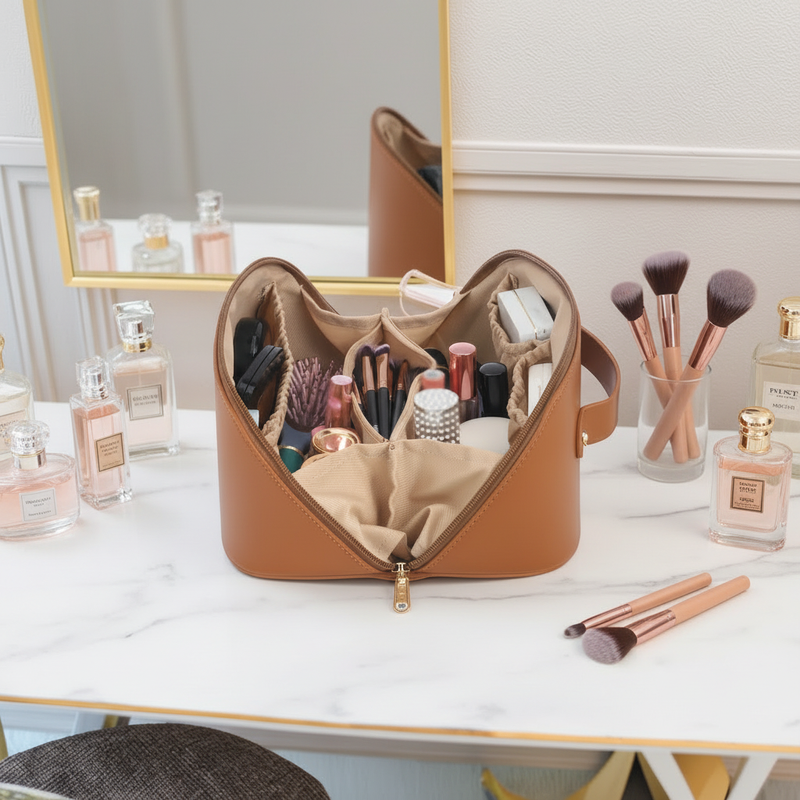 👜✨ Portable Makeup Organizer Bag Chocolate Color – ট্রাভেল ফ্রেন্ডলি কসমেটিক স্টোরেজ ব্যাগ ✨👜