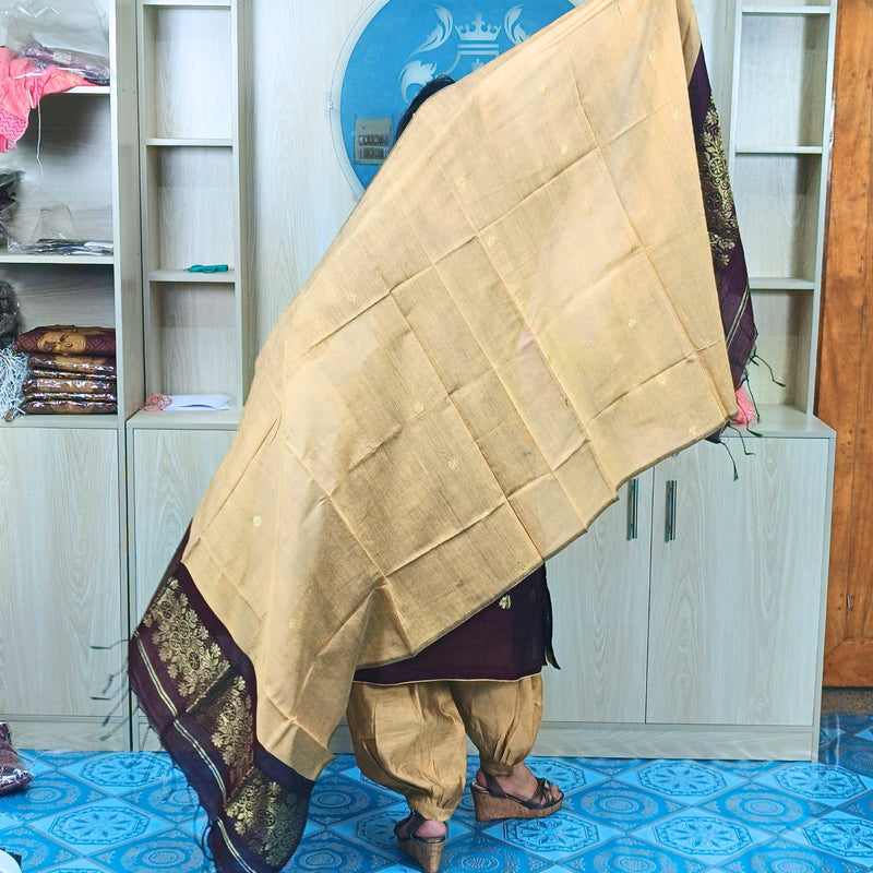 হাফ সিল্ক জামদানি তাঁত কাজের সালোয়ার কামিজ-কফি+গোল্ডেন মিক্স কালার