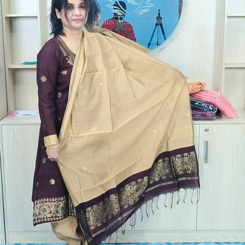 হাফ সিল্ক জামদানি তাঁত কাজের সালোয়ার কামিজ-কফি+গোল্ডেন মিক্স কালার