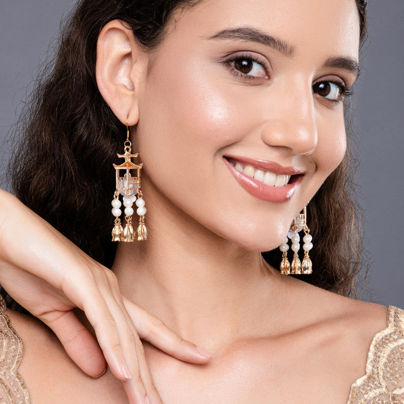 Salty Traditional Lantern Pearl Tassel Drop Earrings