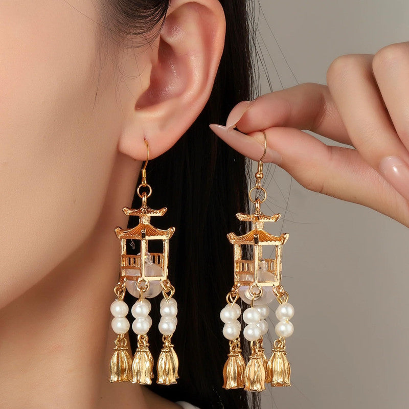 Salty Traditional Lantern Pearl Tassel Drop Earrings